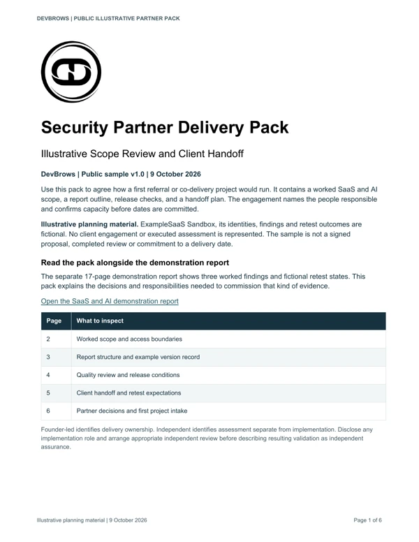 Cover of the DevBrows illustrative Security Partner delivery pack